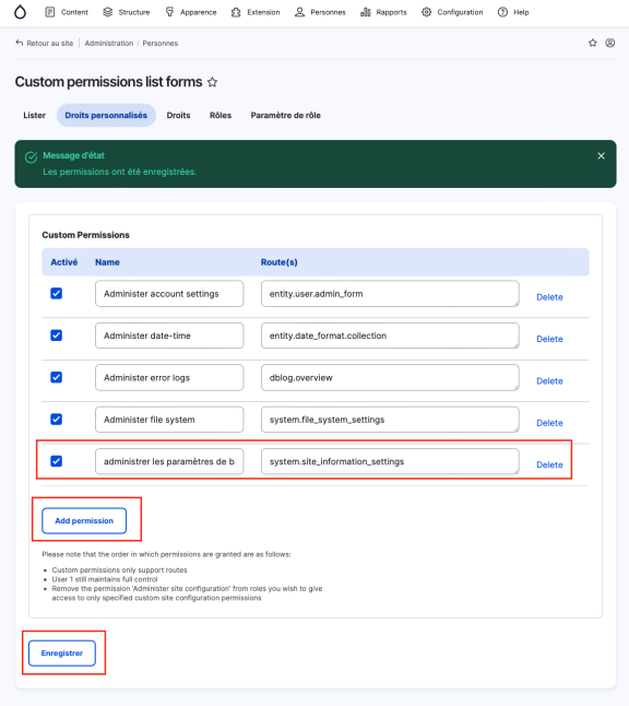 Capture écran page création d'un permission personnalisée