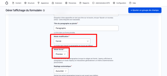 mode preview et replié paragraph drupal